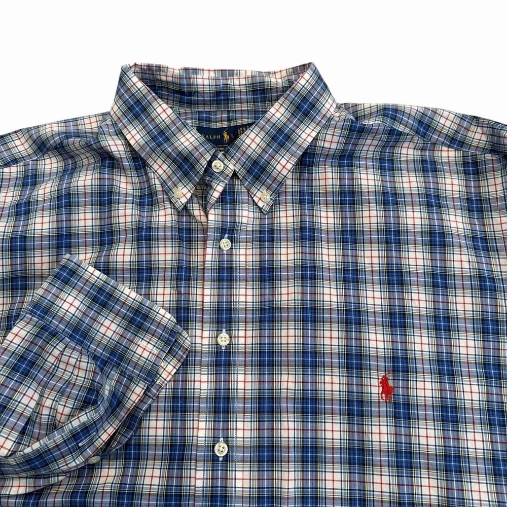 Ralph Lauren Blue Plaid‎ Long Sleeve Button Down Shirt Men Size 2XB 100% Cotton